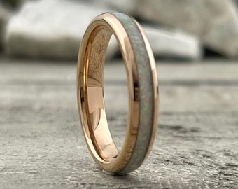 White Opal Inlay Rose Gold Tungsten Wedding Band Thin Birthstone Men or Women Ring