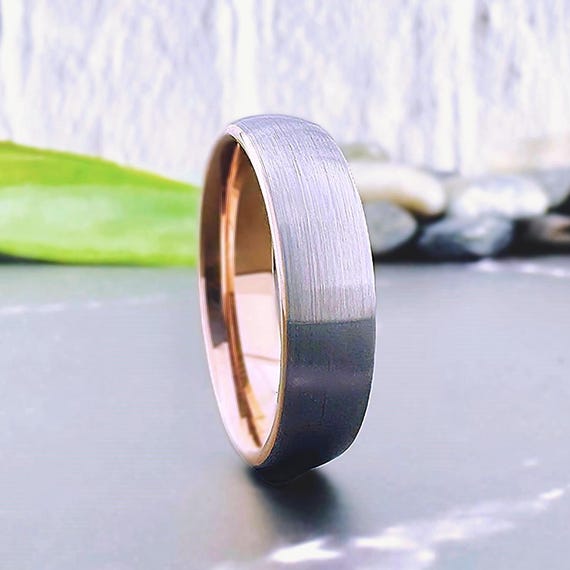 Rose Gold Men Women Wedding Band Gray Silver Brushed Two Tone Tungsten Ring Classic Design 6MM
