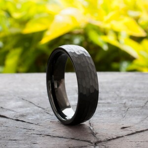 His and Hers Hammered Black Tungsten Ring Set, Brushed Couples Anniversary Wedding Band image 2
