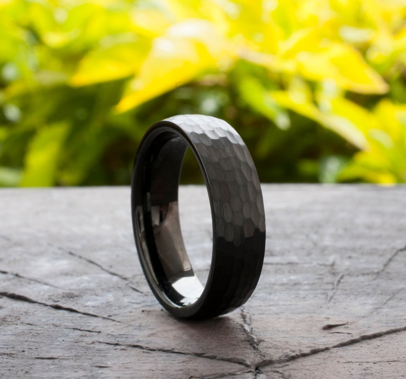 His and Hers Hammered Black Tungsten Ring Set, Brushed Couples Anniversary Wedding Band image 2