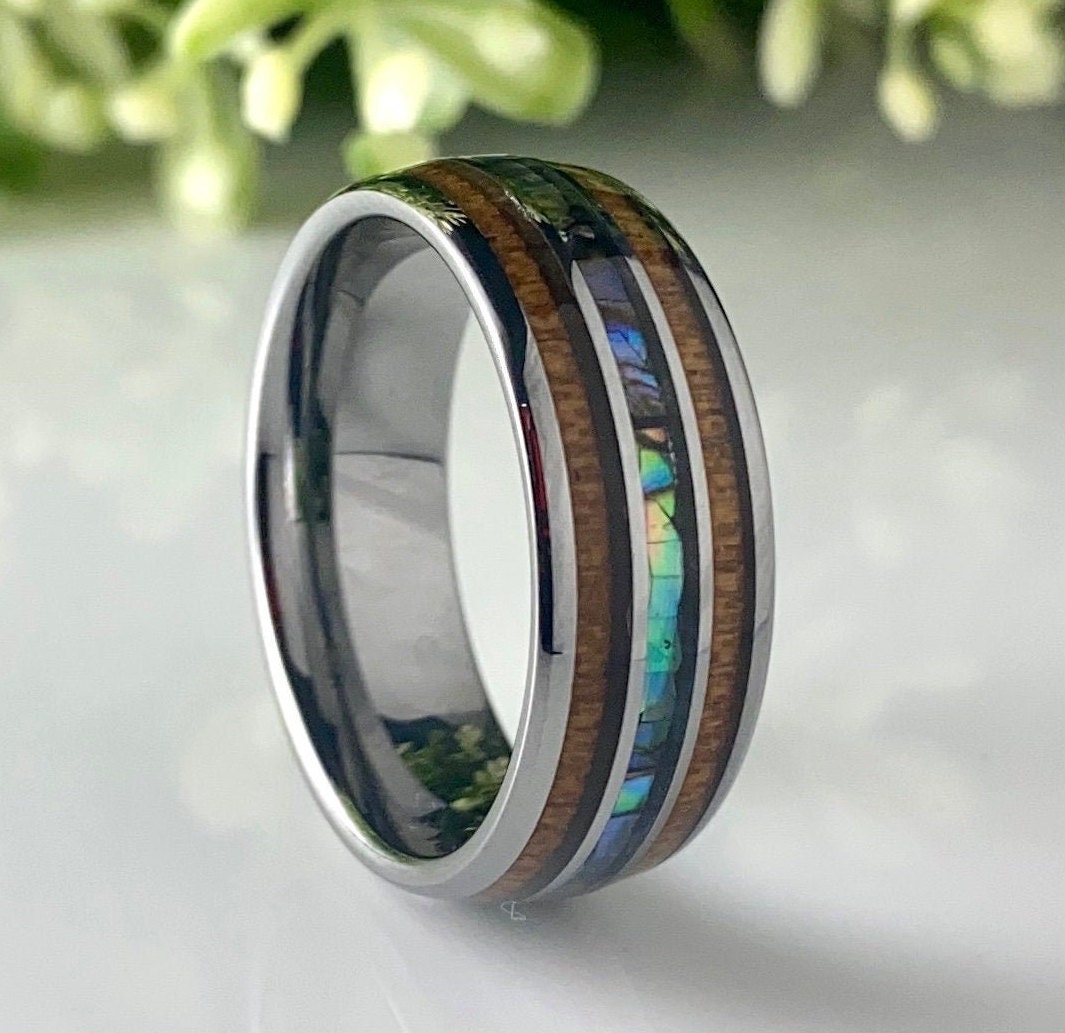 Men Wedding Band Wood Mother Of Pearl Grey Tungsten Ring 3