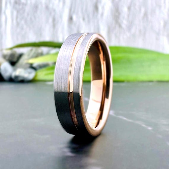 Rose Gold Wedding Band Women or Men Gray Brushed Finish Tungsten Ring 6MM with Groove Anniversary Engagement Ring