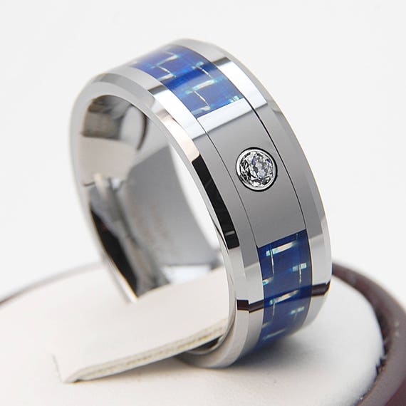 Men Wedding Band Tungsten Carbide Ring Blue Carbon CZ Inlay 8MM Sizes 6 to 14 Fashion Anniversary Engagement Love Gift Free Shipping