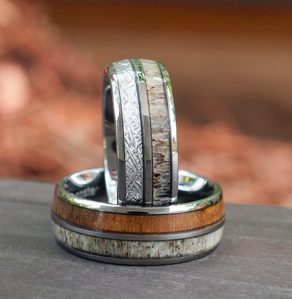 Deer Antler Wood Meteorite Wedding Bands Tungsten Ring Men Women Set Or Single Ring Gift 8MM Size 5 to 15 His Her Anniversary Unique Gift