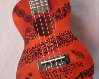 Ukulele Concert Tatoo brown black tattoos, customized ukulele Stripes Lace, unique model, musical instrument, Moon creation