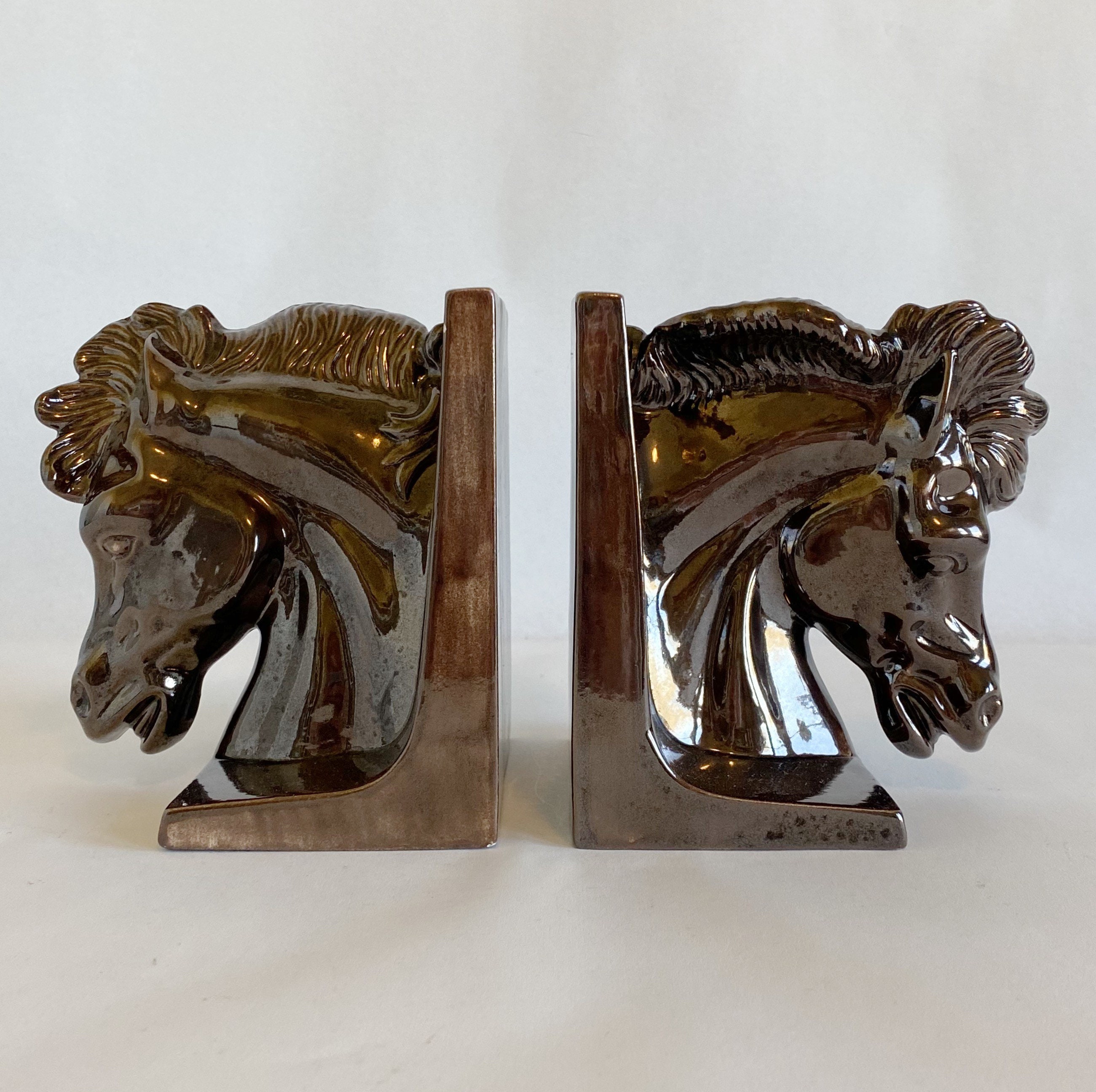Vintage brown glazed ceramic horse head bookends Etsy