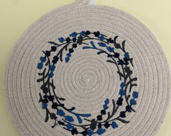 Embroidered Lavender Wreath Coaster  | Trivet  | Coiled Rope | 8" Diameter