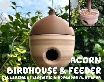 Collapsible Acorn Birdhouse & Bird Feeder | Magnetic Birdfeeder Waterer Functional Outdoor Yard Decor Oak Tree Nut Squirrel ellestvdio