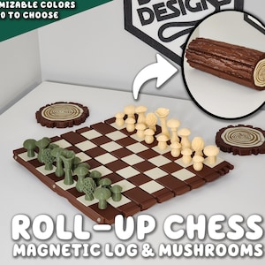 Roll-Up Forest Chess Set - Log & Mushroom Checkers Board Coasters | Portable Travel Roll Up Game Chessboard House Plant Decor ForgeCore
