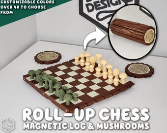 Roll-Up Schackspel i Skog - Trä- och Svampformade Schackbrädeunderlägg | Bärbart Resespel Roll-Up Schackbräde Krukväxtdekor ForgeCore