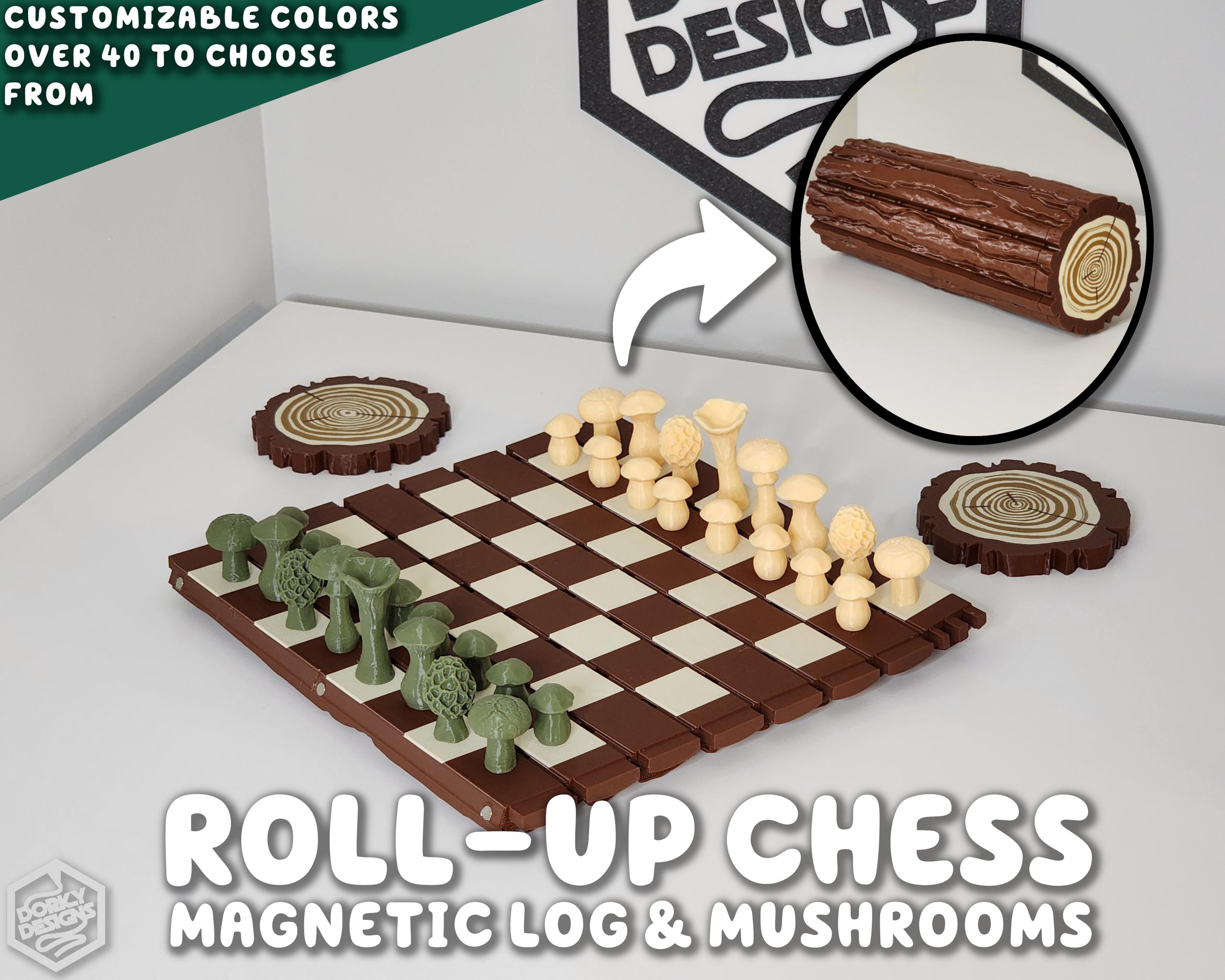 Roll-up Forest Chess Set - Log & Mushroom Checkers Board Coasters ...