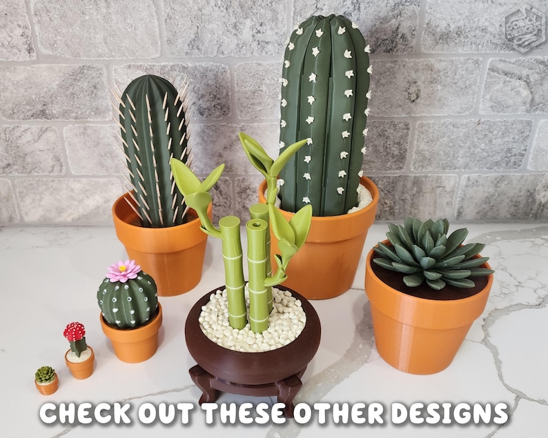 May include: A collection of artificial succulents and cacti in terracotta pots. The plants vary in size and shape, including a tall, ribbed cactus, a small flowering cactus, and a succulent. The image includes the text "CHECK OUT THESE OTHER DESIGNS".