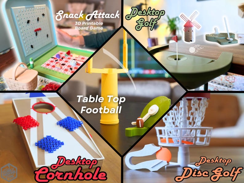 Puede incluir: Un collage de cinco juegos de mesa de sobremesa impresos en 3D. Los juegos incluyen Snack Attack, Desktop Golf, Table Top Football, Desktop Cornhole y Desktop Disc Golf.