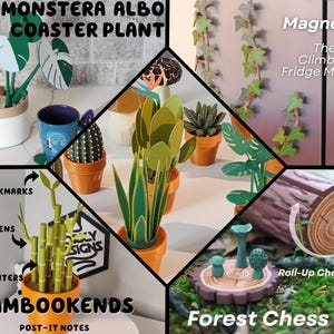 May include: A collection of papercraft items, including a Monstera Albo coaster plant, a bamboo bookend, a climbing fridge magnet, and a roll-up chess set. The chess set is made of wood and features a forest theme.