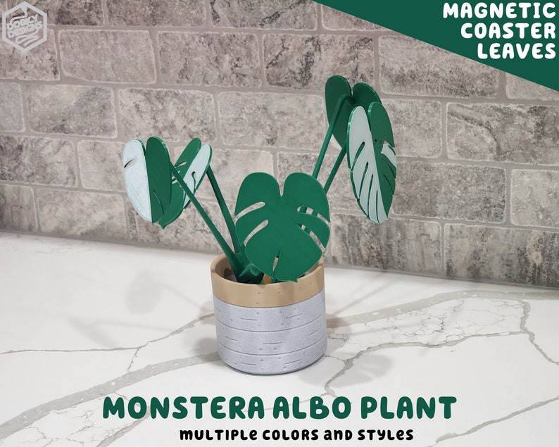 3D Printed House Plant With Magnetic Coaster Leaves HousePlant Expandable Monstera Albo For People Who Can't Keep Plants Alive Decor image 2
