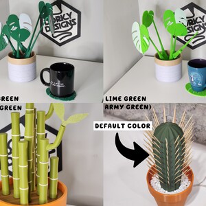 May include: Three different color options for a 3D printed plant, a cactus, a monstera plant, and a bamboo plant. The default color is green. The other colors are dark green and lime green.