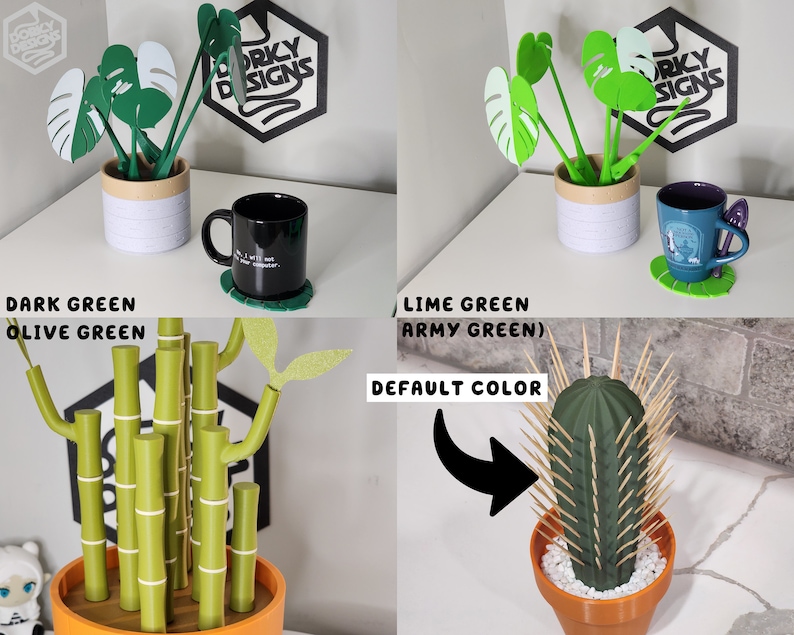 May include: Three different color options for a 3D printed plant, a cactus, a monstera plant, and a bamboo plant. The default color is green. The other colors are dark green and lime green.