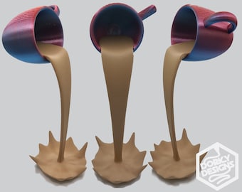 May include: Three 3D-printed mugs with a unique design, appearing to pour a stream of coffee. The mugs are red and blue, and the coffee stream ends in a splash. The design is whimsical and eye-catching, perfect for home decor.