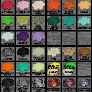 May include: A chart of 36 different colored plastic bottle caps with text labels for each color. The colors include red, hot pink, light pink, vintage pink, saturated orange, burnt orange, coral, mustard, yellow, lime green, olive green, army green, dark green, teal, aquamarine, dark blue, light blue, baby blue, purple, violet, white, silver, black, vanilla cream, tan, light brown, coffee brown, dark brown, crystal, translucent orange, translucent green, translucent yellow, glow in the dark yellow, glow in the dark green, rainbow, gold, marble, galaxy black, galaxy silver, trichromatic red/blue/green, dichromatic gold/copper, dichromatic blue/red, dichromatic purple/green.