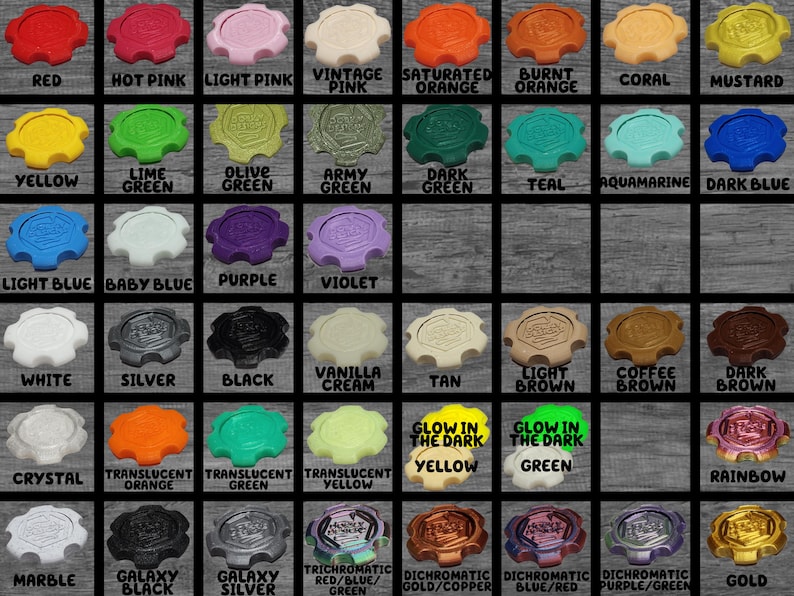 May include: A chart of 36 different colored plastic bottle caps with text labels for each color. The colors include red, hot pink, light pink, vintage pink, saturated orange, burnt orange, coral, mustard, yellow, lime green, olive green, army green, dark green, teal, aquamarine, dark blue, light blue, baby blue, purple, violet, white, silver, black, vanilla cream, tan, light brown, coffee brown, dark brown, crystal, translucent orange, translucent green, translucent yellow, glow in the dark yellow, glow in the dark green, rainbow, gold, marble, galaxy black, galaxy silver, trichromatic red/blue/green, dichromatic gold/copper, dichromatic blue/red, dichromatic purple/green.
