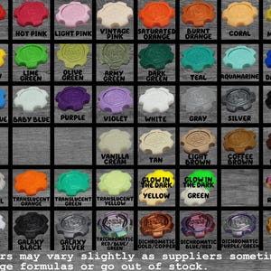 May include: A grid of wax seal stamps in various colours and finishes, including red, pink, orange, yellow, green, blue, purple, white, grey, black, brown, crystal, translucent, glow in the dark, marble, galaxy, dichromatic, and gold, with text labels.