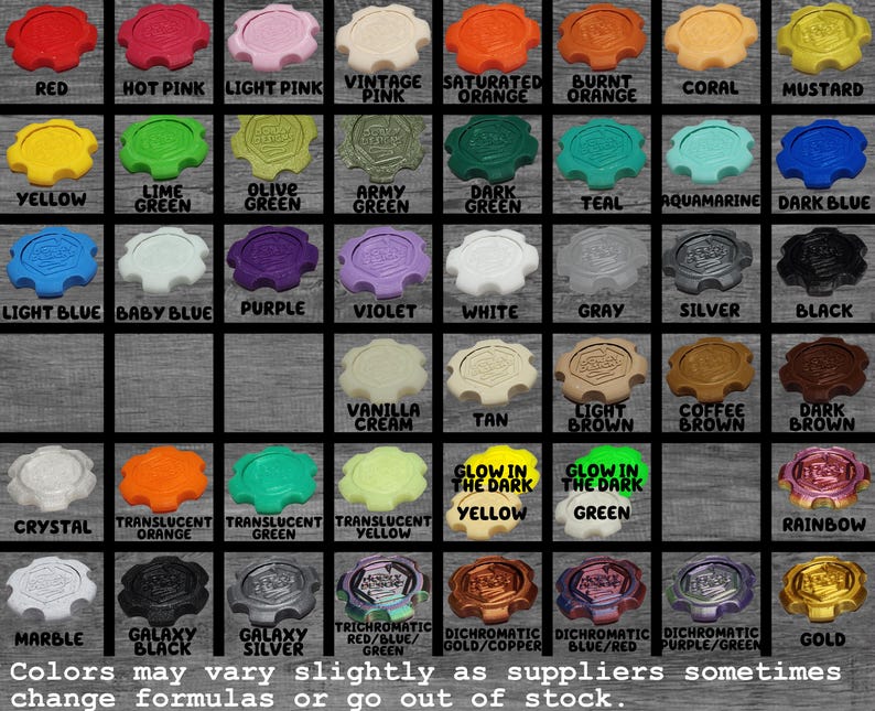 May include: A grid of wax seal stamps in various colours and finishes, including red, pink, orange, yellow, green, blue, purple, white, grey, black, brown, crystal, translucent, glow in the dark, marble, galaxy, dichromatic, and gold, with text labels.