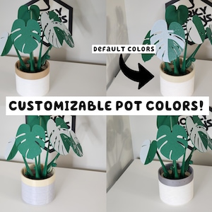 May include: A customizable plant pot with a green and white monstera plant. The pot is shown in two different colors, white with a brown rim and a light gray with a cream rim. The text "CUSTOMIZABLE POT COLORS!" is displayed below the image.