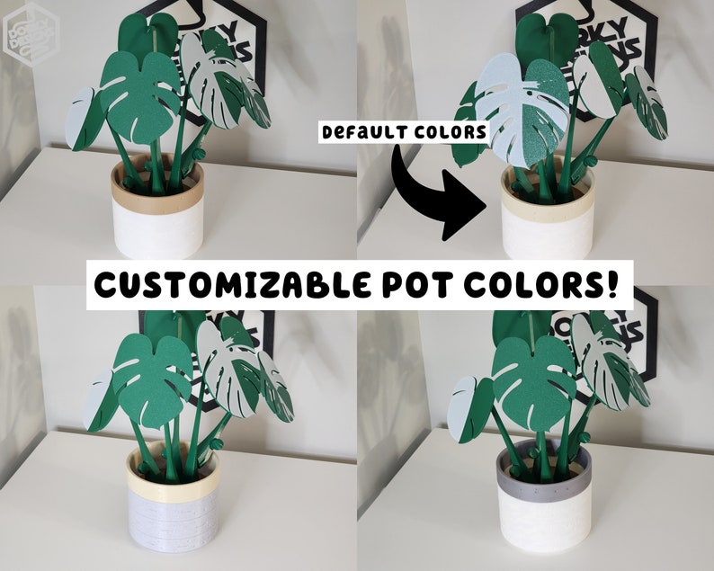 May include: A customizable plant pot with a green and white monstera plant. The pot is shown in two different colors, white with a brown rim and a light gray with a cream rim. The text "CUSTOMIZABLE POT COLORS!" is displayed below the image.