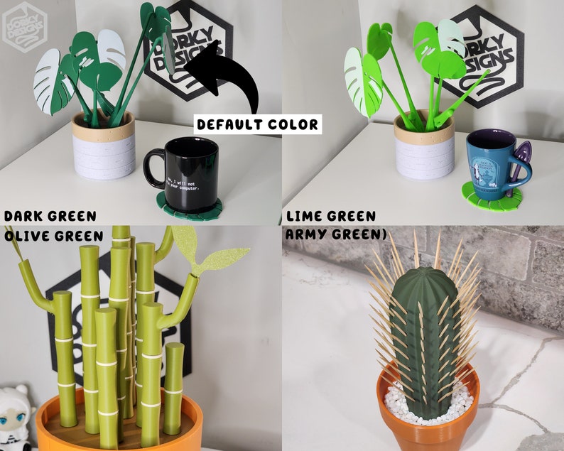 May include: Three different 3D printed plant designs in various shades of green. The first design is a monstera plant in a white pot. The second design is a bamboo plant in an orange pot. The third design is a cactus plant in an orange pot. The text "Dorky Designs" is visible in the background.