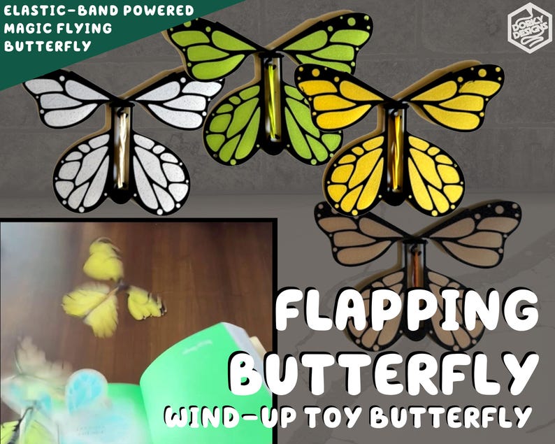 May include: Four wind-up toy butterflies in different colors: green, yellow, white, and brown. The butterflies are made of cardboard and have elastic bands that make them flap their wings when wound up. The text "FLAPPING BUTTERFLY WIND-UP TOY BUTTERFLY" is printed below the butterflies.