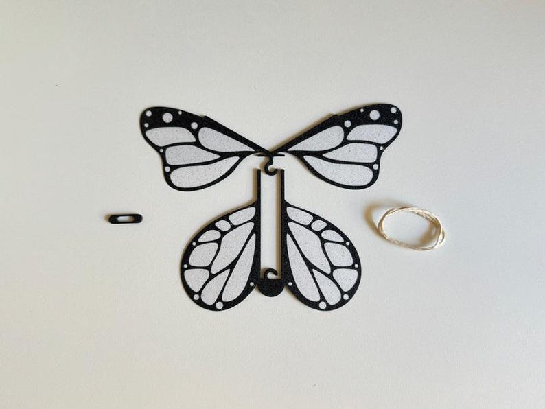 May include: Black paper butterfly craft with white wings and a black body. The butterfly is in pieces, with the wings separate from the body. There is a small black loop and a piece of string included.