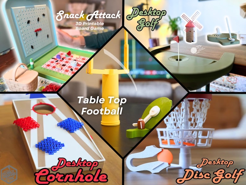 May include: A collage of miniature tabletop games. Includes a board game with the text "Snack Attack", a miniature golf course, a yellow football goal post, a cornhole board with red and blue bean bags, and a disc golf set.