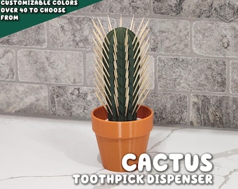 3D Printed Cactus Toothpick Dispenser House Plant | Cacti HousePlant Hold 117 Round Tooth Picks For People Who Can't Keep Plants Alive Decor