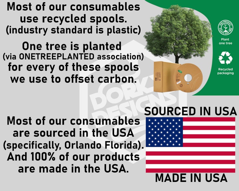 May include: A graphic with text that reads "Most of our consumables use recycled spools. (industry standard is plastic) One tree is planted (via ONETREEPLANTED association) for every of these spools we use to offset carbon."  The graphic also shows a cardboard spool, a box, and a green tree. The text "SOURCED IN USA" and "MADE IN USA" are also visible.