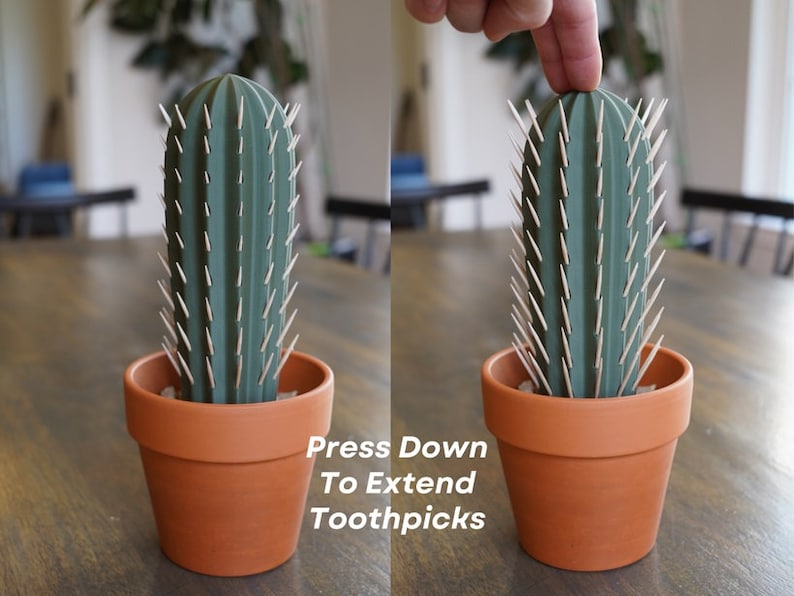 3D Printed Cactus Toothpick Dispenser House Plant Cacti HousePlant Hold 117 Round Tooth Picks For People Who Can't Keep Plants Alive Decor image 3