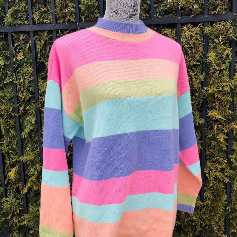 Vintage 1980/'s Sweater; Spring; Bedford Fair; Size Large; Colorful; Bright; Striped; Pastel