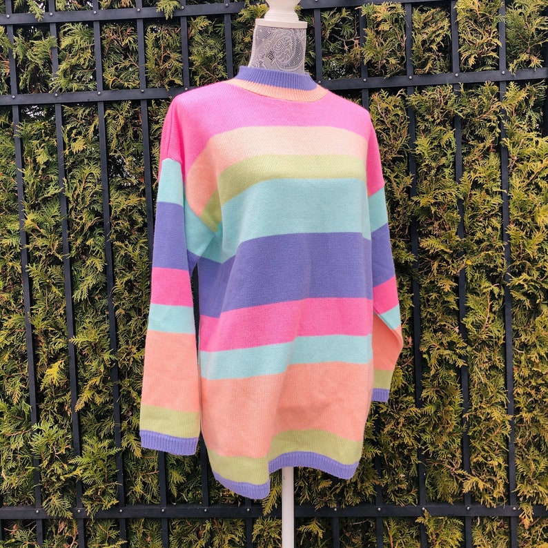 Vintage 1980/'s Sweater; Spring; Bedford Fair; Size Large; Colorful; Bright; Striped; Pastel