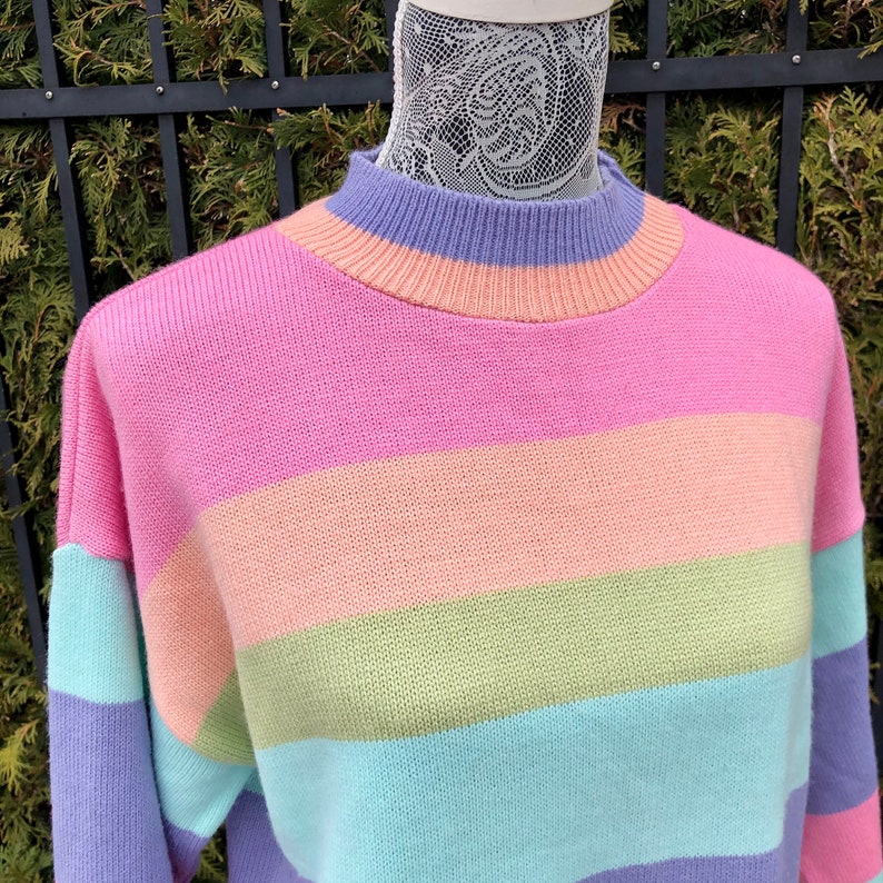 Vintage 1980/'s Sweater; Spring; Bedford Fair; Size Large; Colorful; Bright; Striped; Pastel