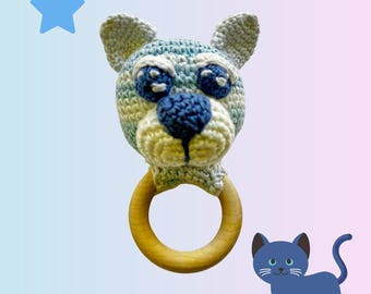 Baby Rattle | Cat Head Soft Baby Toy with Organic Wooden Ring | Handmade Newborn Gift
