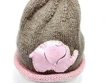 Baby gilt beanie with elephant, baby girl beanie, hand knit baby hat, Australian merino wool,  baby winter hat, baby shower.