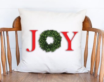 Joy Pillow,Christmas Pillow Cover,Christmas Pillow,Joy wreath Pillow,Wreath Pillow,Boxwood Wreath,Christmas Pillow,Joy to the World