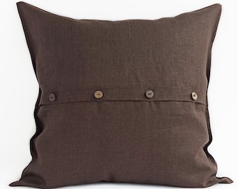 Linen pillowcase with buttons Brown linen throw pillow covers 20x20 24x24 Linen euro sham 26x26 22x22 16x16 18x18 20x26