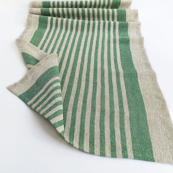 Green striped linen table runner extra long 120 Farmhouse table runner and placemats set of 6 Short table runner 36, 90, 108,