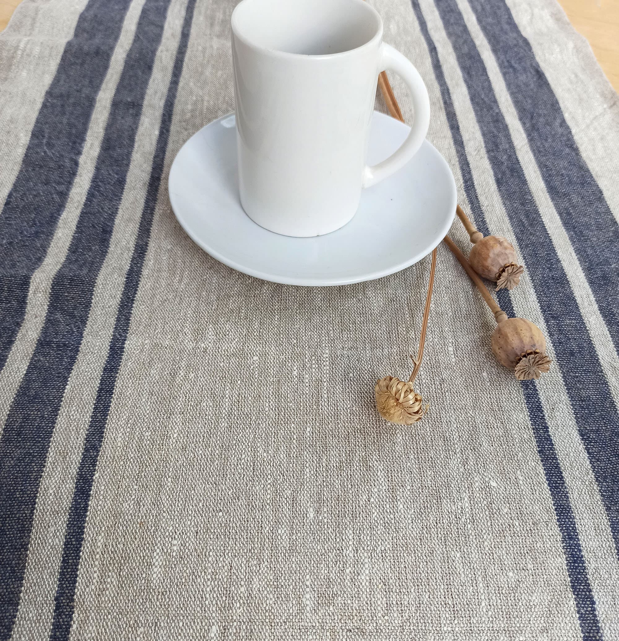Navy Blue Striped Linen Table Runner Extra Long 120 Farmhouse Etsy