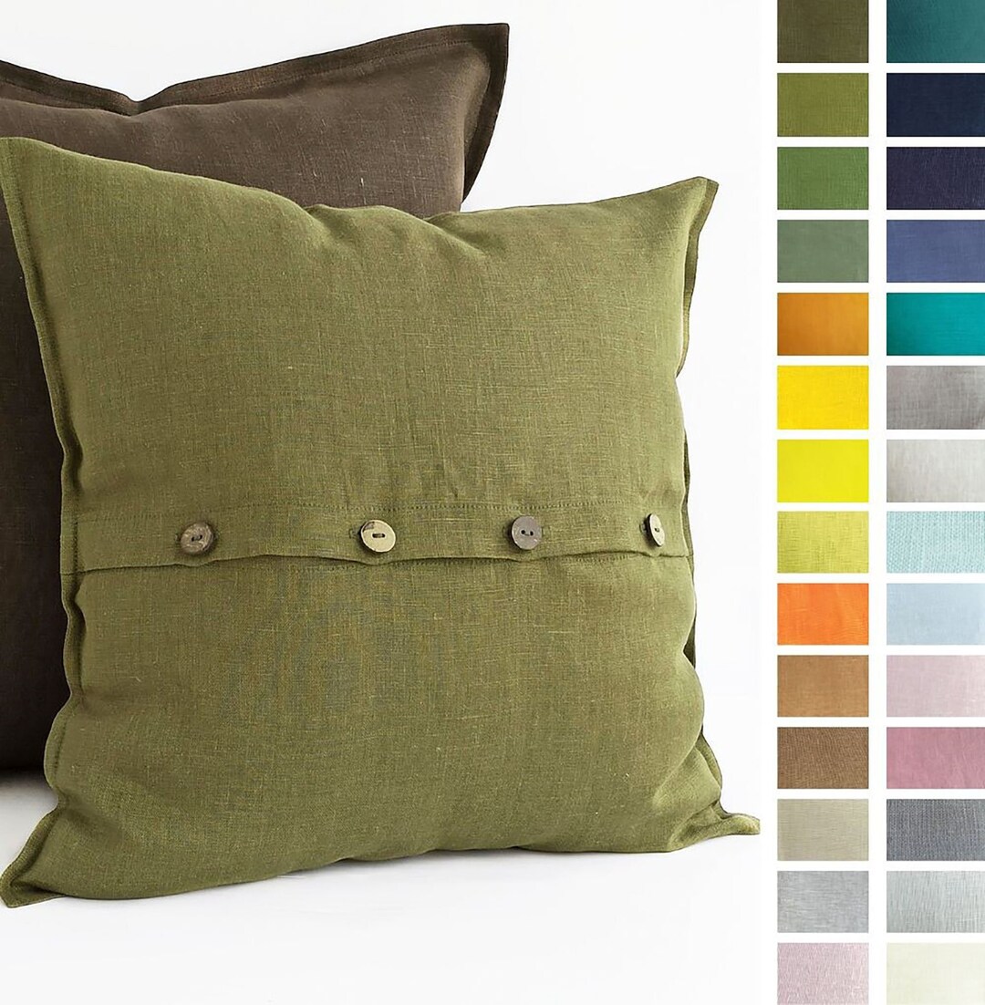 Linen Pillowcase With Buttons Olive Green Linen Throw Pillow Etsy