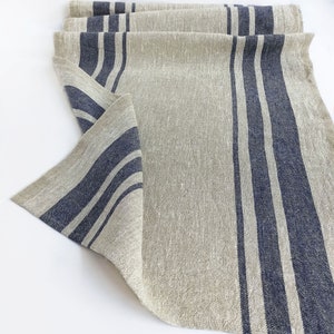 Navy blue striped linen table runner extra long 120 Farmhouse table runner and placemats set of 6 Short table runner 36, 90, 108,