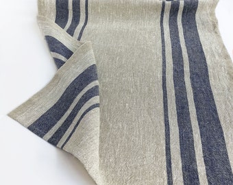 Navy blue striped linen table runner extra long 120 Farmhouse table runner and placemats set of 6 Short table runner 36, 90, 108,