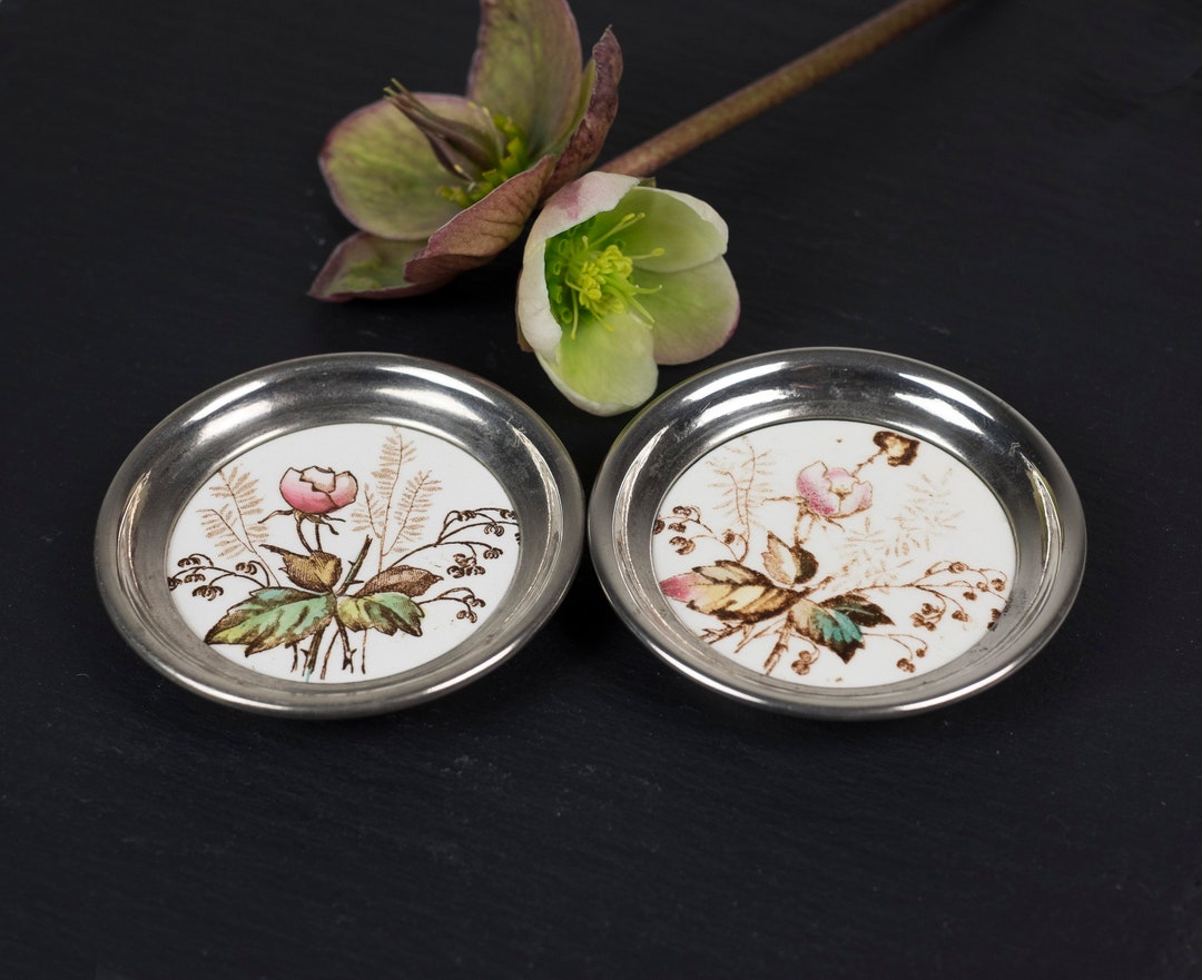 Pair of Antique Floral Coasters Tiny Butter Pat Plates Tea Bag Etsy