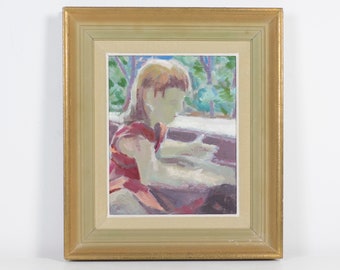 Pintura al óleo sueca antigua: retrato de una niña, arte escandinavo enmarcado.