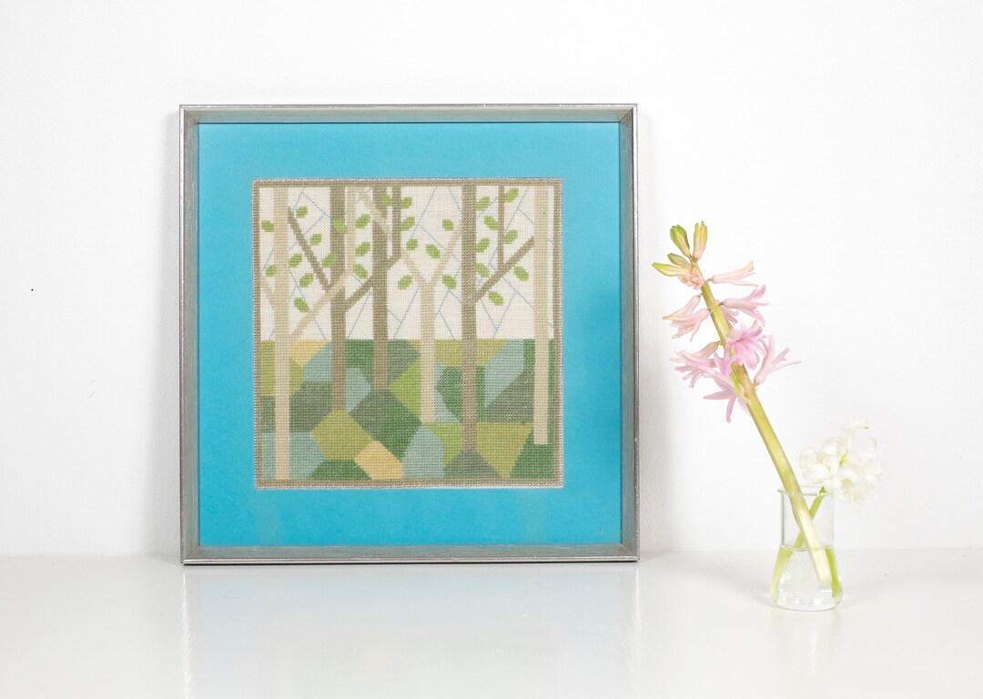 Vintage Embroidery Wall Hanging Trees Danish Textiles Hand Embroidered